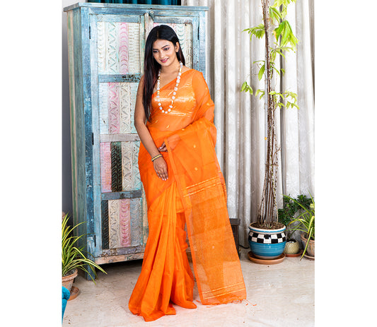 Handloom Muslin Silk Saree - Orange - ArtisanSoul