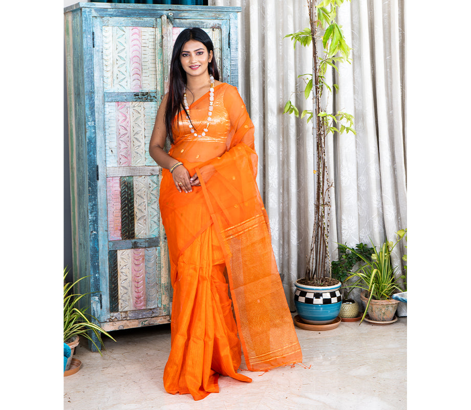Handloom Muslin Silk Saree - Orange - ArtisanSoul