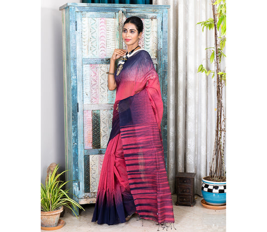 Handloom Ikkat Saree - Navy Blue on Mauve - ArtisanSoul