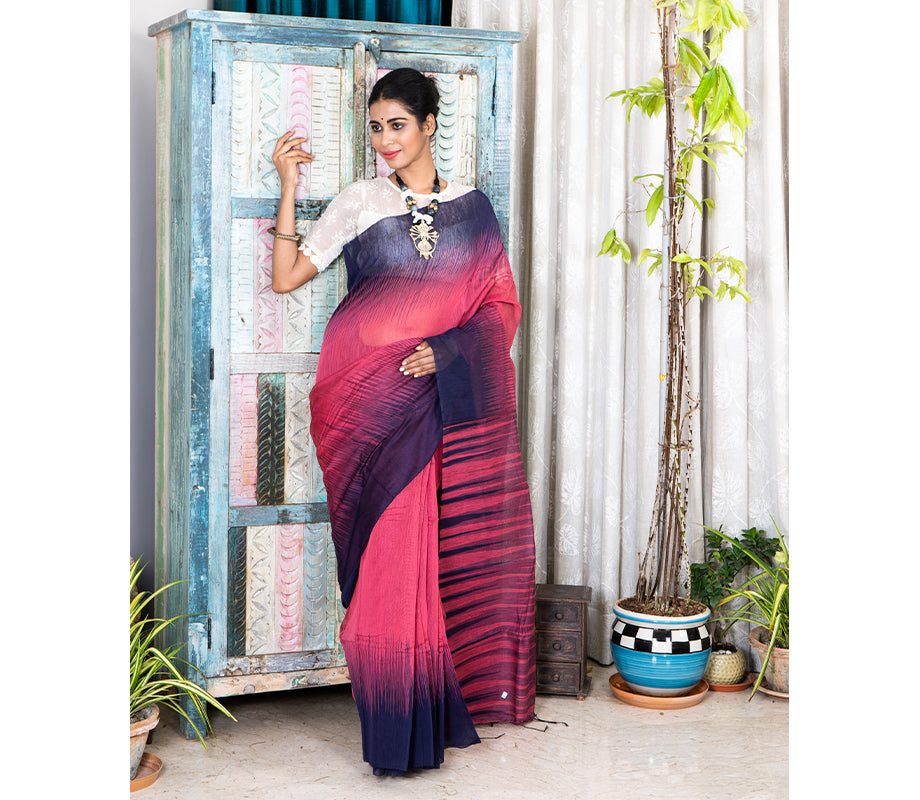 Handloom Ikkat Saree - Navy Blue on Mauve