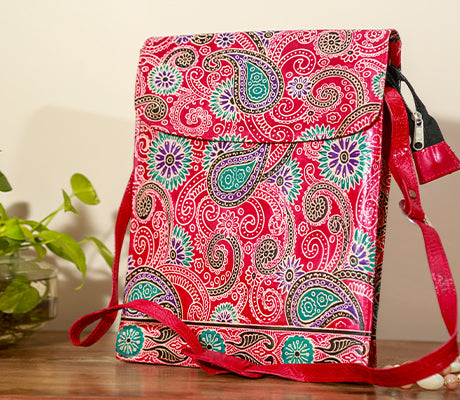 Handcrafted Leather Office Bag - Design on Red - ArtisanSoul