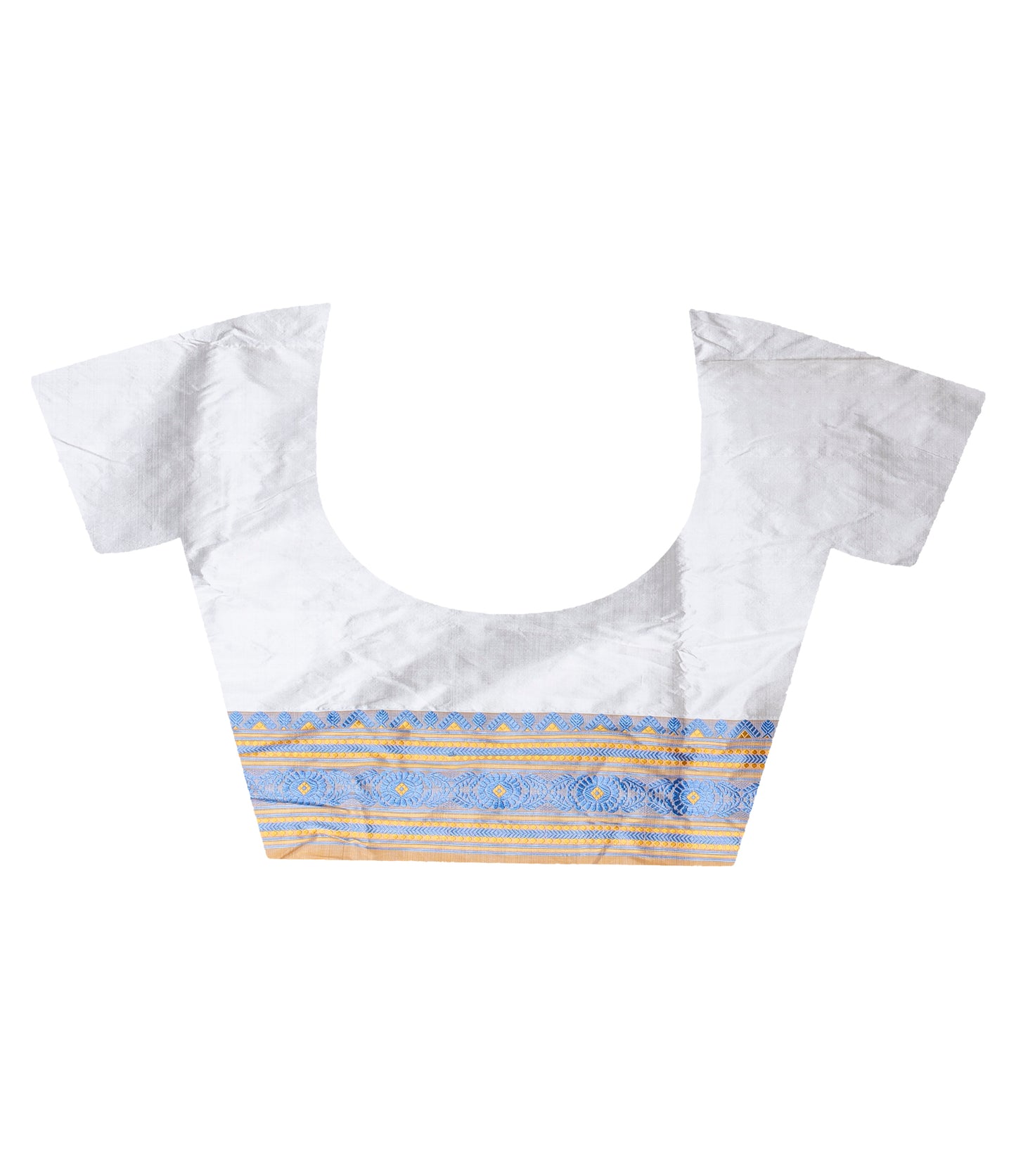 Assam Silk Saree - White with Blue and Yellow thread Work - ArtisanSoul