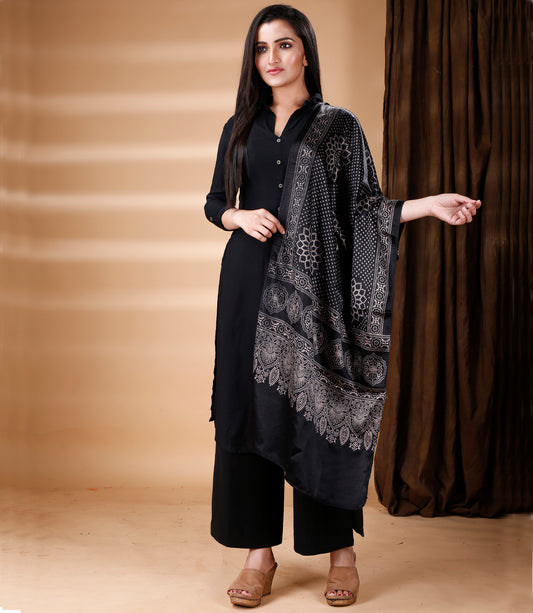 Ajrakh Print Modal Silk Stole From Bengal - Black - ArtisanSoul