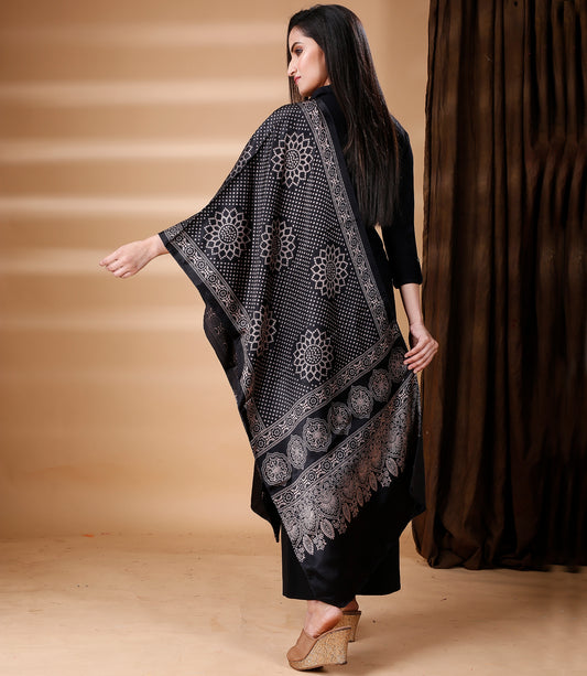 Ajrakh Print Modal Silk Stole From Bengal - Black - ArtisanSoul
