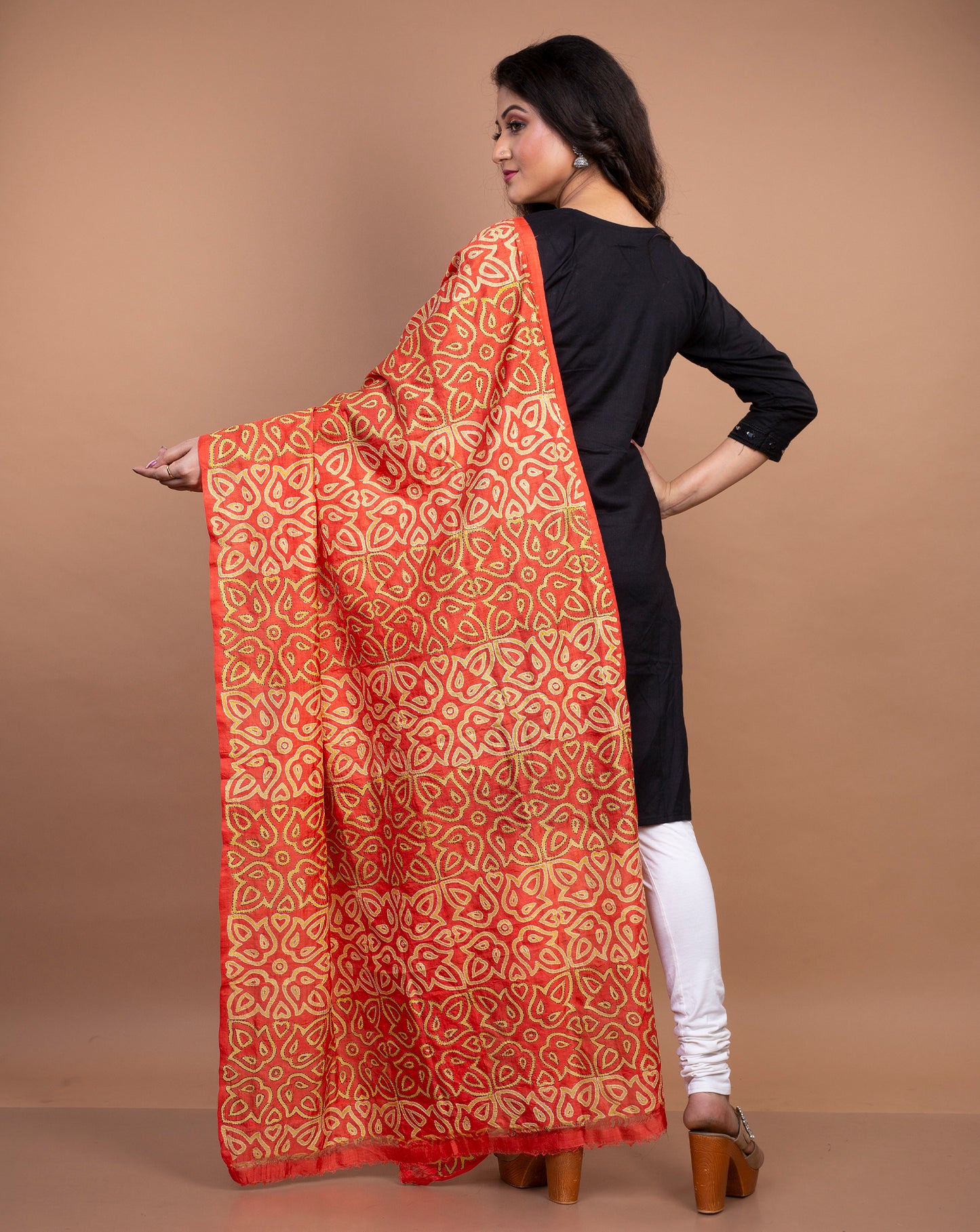 Kantha Stitched Dupatta on Silk Print Base - Red and Yellow - ArtisanSoul