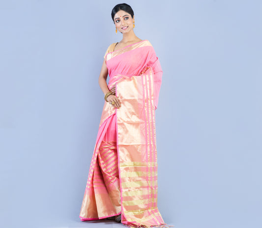 Handloom Tant Saree - Golden Zari on Pink - ArtisanSoul