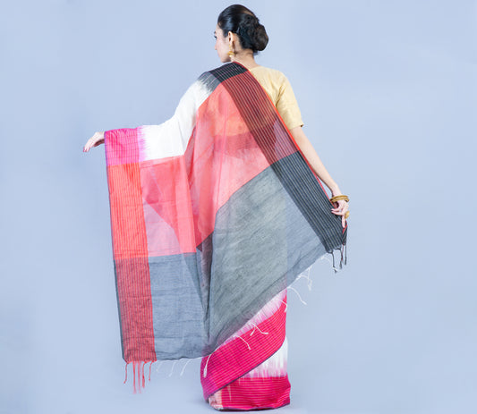 Handloom Saree With Ganga Jamuna Par - Pink & Black on White - ArtisanSoul