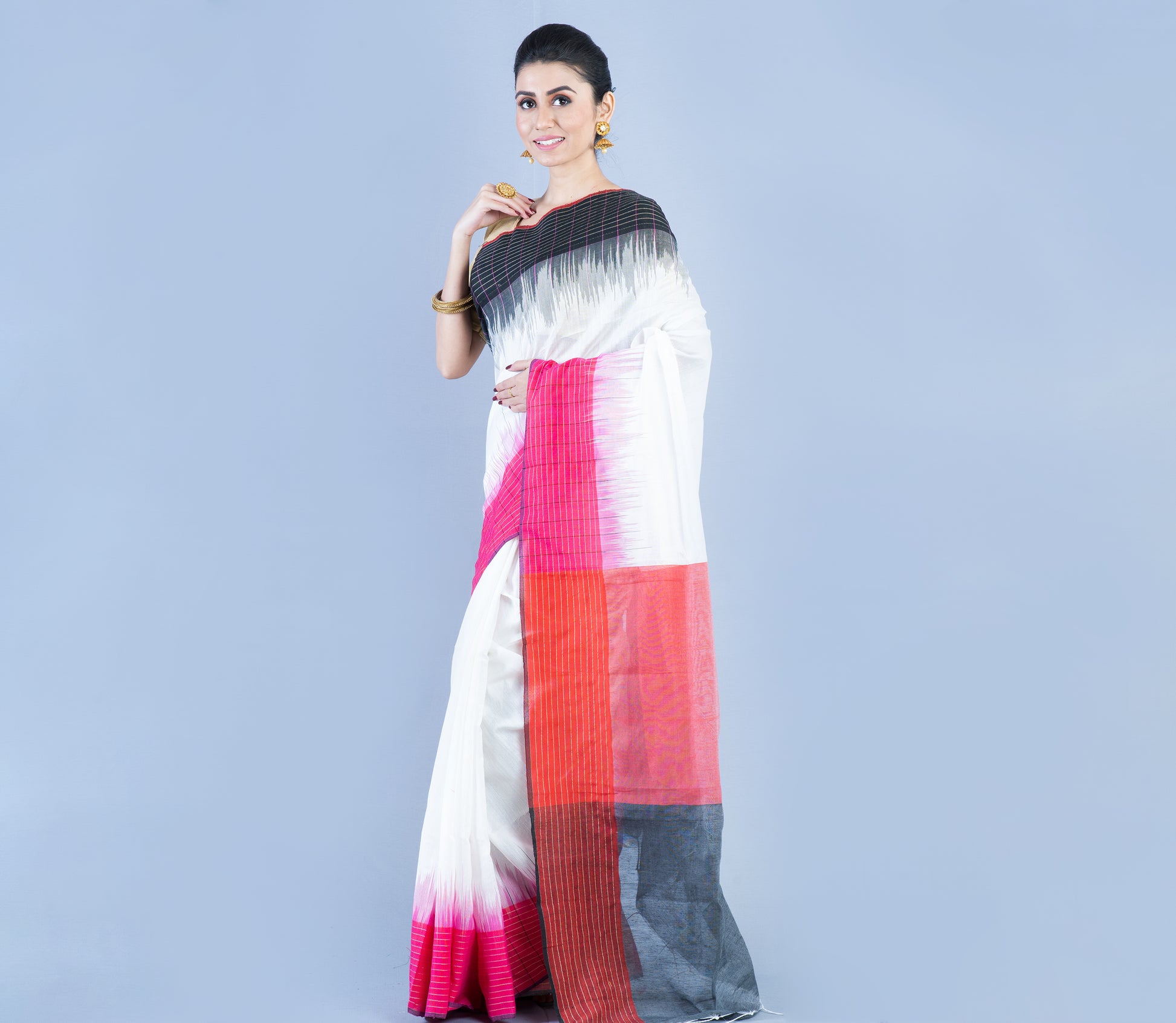 Handloom Saree With Ganga Jamuna Par - Pink & Black on White - ArtisanSoul