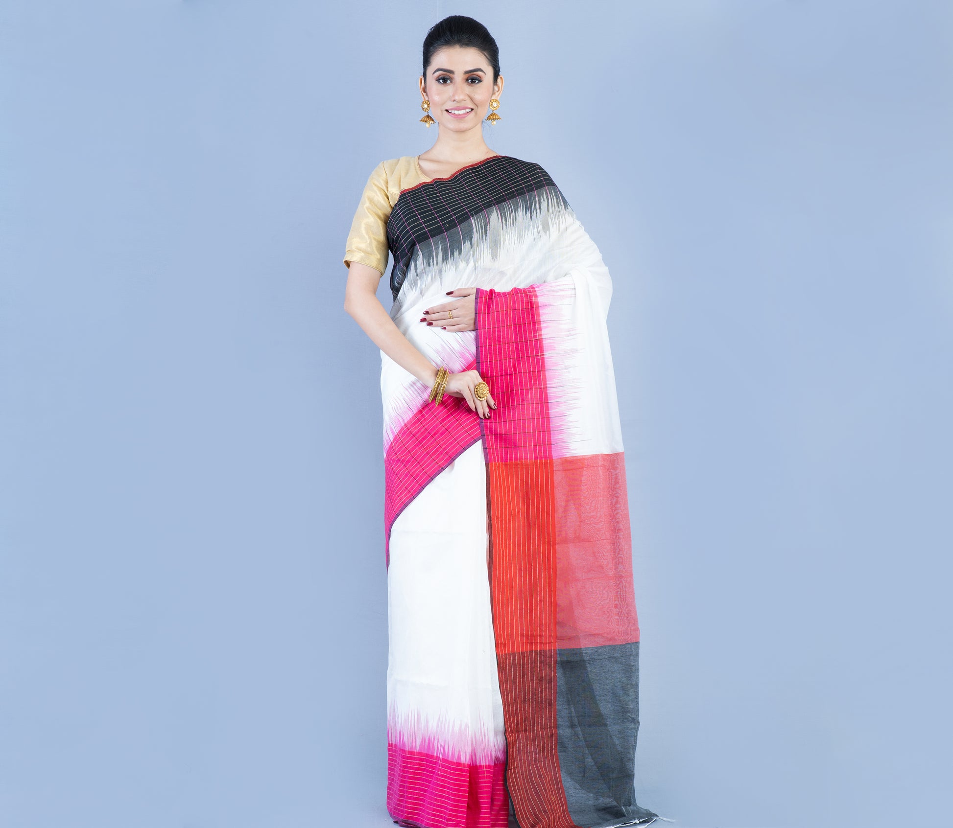 Handloom Saree With Ganga Jamuna Par - Pink & Black on White - ArtisanSoul