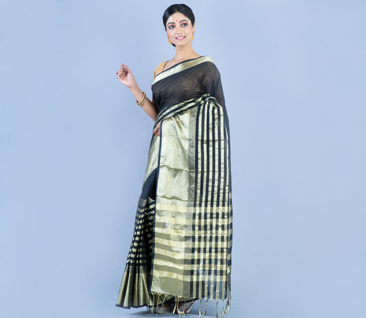 Handloom Tant Saree - Silver Zari on Black - ArtisanSoul