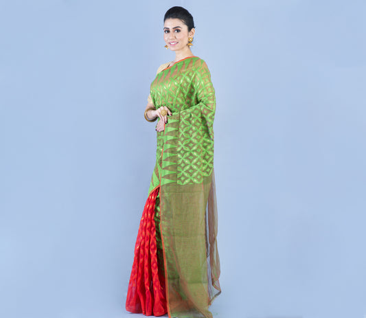 Minakari Handloom Jamdani Saree - Green & Red - ArtisanSoul