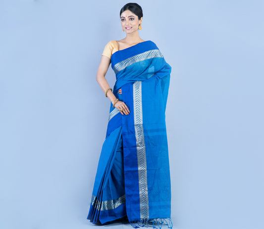 Tant Saree - Azure Blue With Blue Par - ArtisanSoul