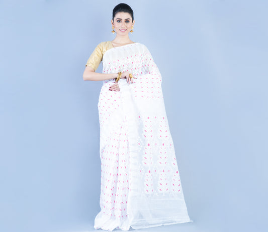 Handloom Jamdani Saree - White - ArtisanSoul