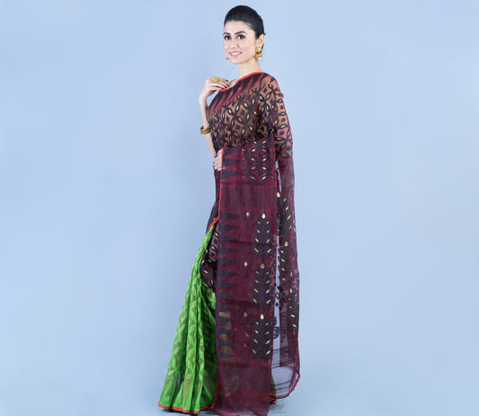 Handloom Jamdani Saree - Brown and Green - ArtisanSoul