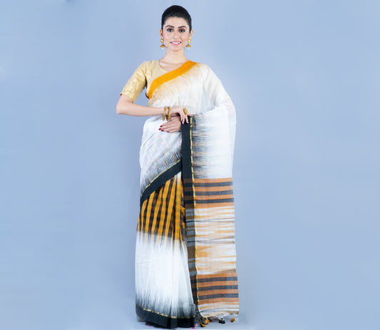 Handloom Ikkat Saree - Mastered Yellow and Black On White - ArtisanSoul