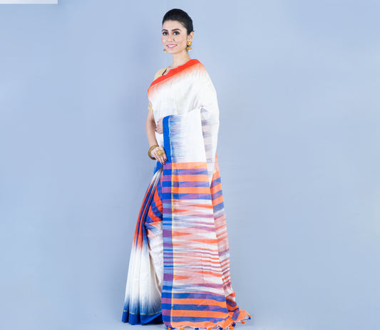 Handloom Ikkat - Orange & Blue On White - ArtisanSoul