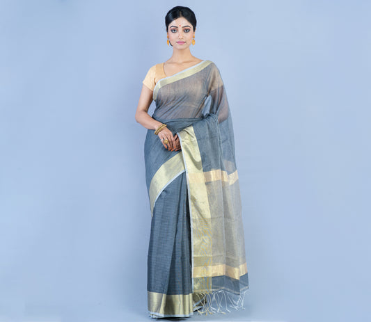 Handloom Saree from Nadia West Bengal - Steel Grey - ArtisanSoul