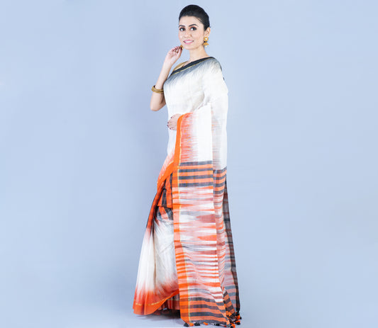 Handloom Ikkat Saree - Black & Orange On Silver - ArtisanSoul