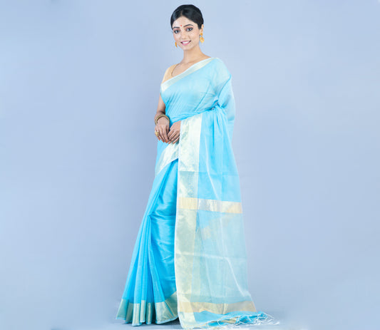 Handloom Saree from Nadia West Bengal - Cyan Blue - ArtisanSoul