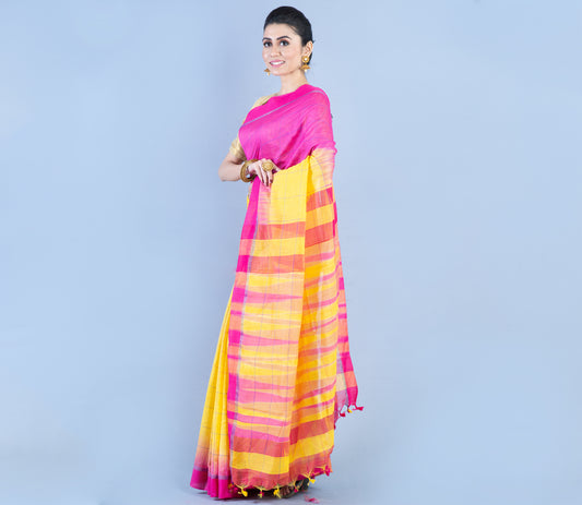 Handloom Silk Saree - Yellow & Purple - ArtisanSoul