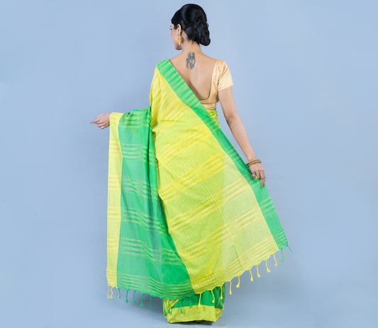 Handloom Cotton Saree - Yellow & Green - ArtisanSoul