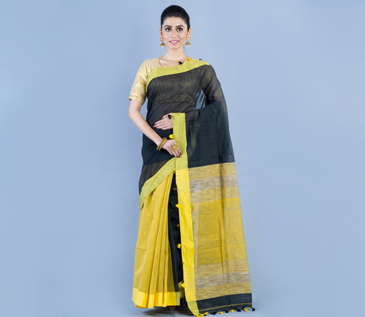 Handloom Patli Pallu Saree with Gheecha Design Anchal - Black & Yellow - ArtisanSoul