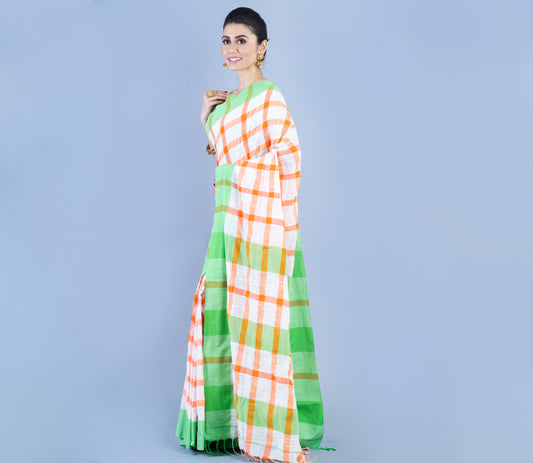 Handloom Cotton Checkered Saree - Orange & Green on White - ArtisanSoul