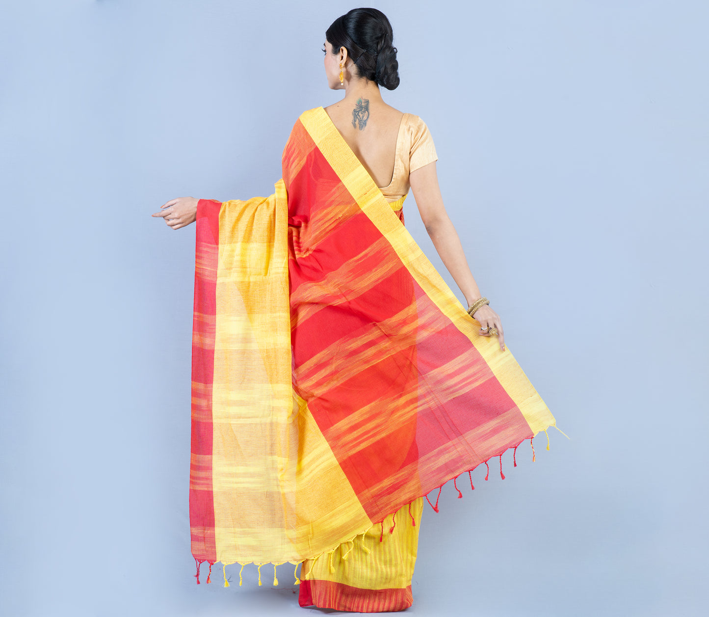 Handloom Cotton Saree - Yellow & Red - ArtisanSoul