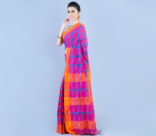 Handloom Cotton Checkered Saree - Orange & Blue On Pink - ArtisanSoul