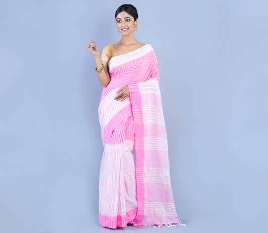 Handloom Cotton Saree - White & Pink - ArtisanSoul