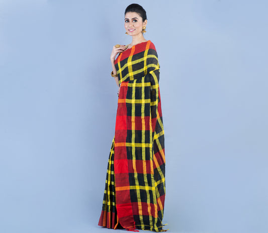 Handloom Cotton Checkered Saree - Red & Yellow On Black - ArtisanSoul