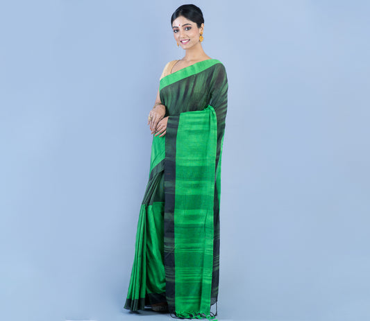 Handloom Cotton Saree - Black & Green - ArtisanSoul