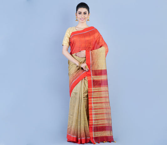Handloom Silk Saree - Light Brown & Red - ArtisanSoul