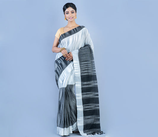 Handloom Cotton Saree - White & Black - ArtisanSoul