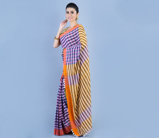Handloom Cotton Checkered Saree - Blue With Orange Par - ArtisanSoul