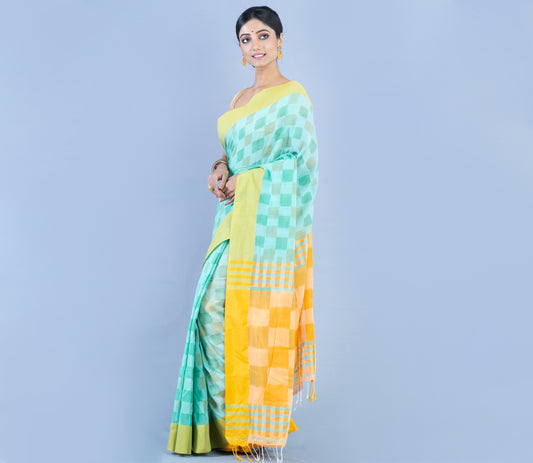 Handloom Cotton Saree With Jaba Kaj - Cyan Green & Yellow - ArtisanSoul