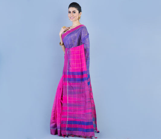 Handloom Silk Saree - Navy Blue On dark Pink - ArtisanSoul