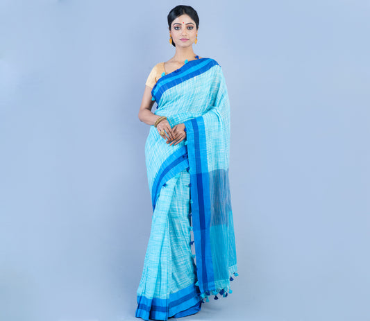 Handloom Cotton Saree - Sky Blue With Blue Par - ArtisanSoul