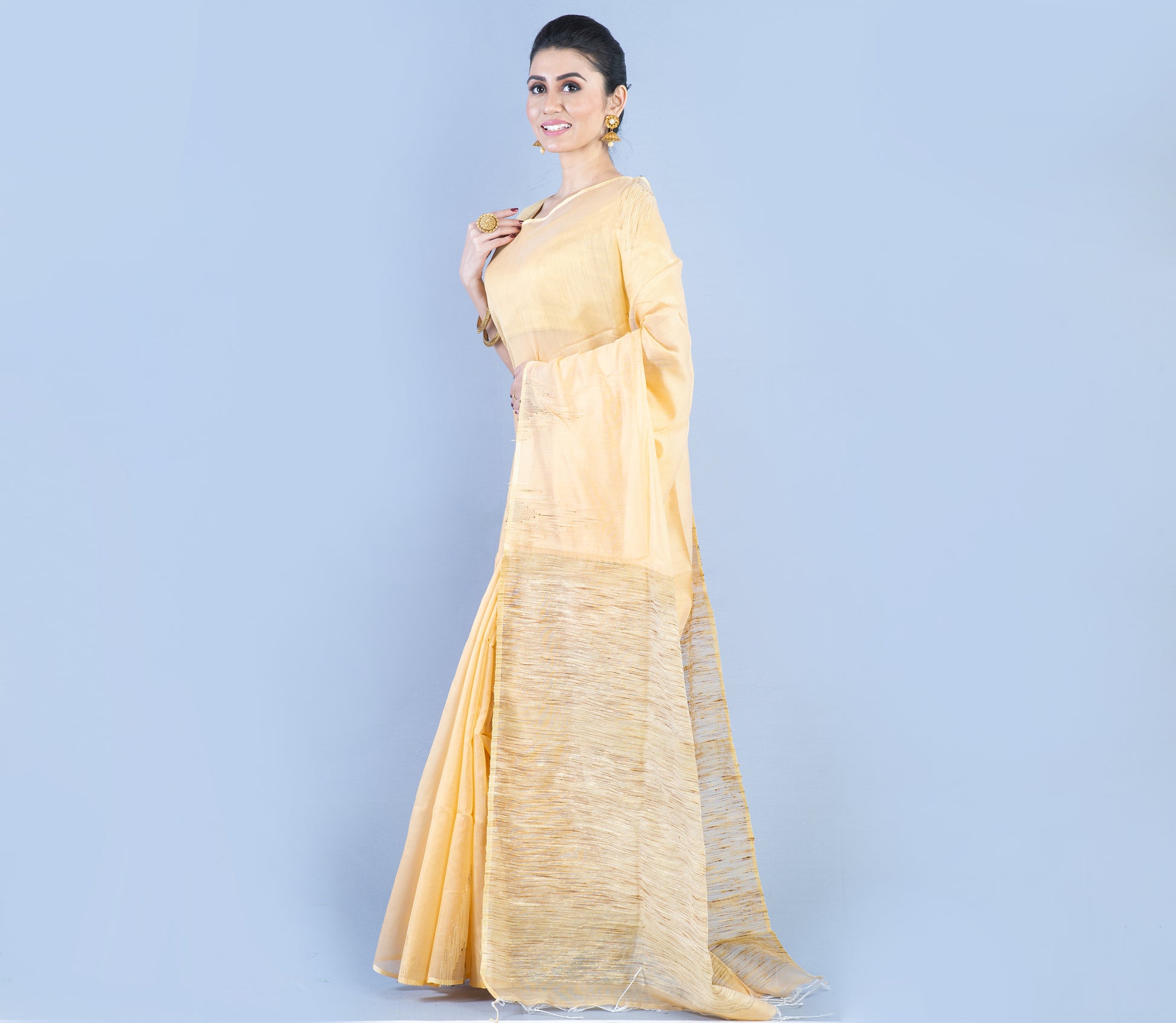Handloom Saree With Gheecha Design On Anchal - Peach - ArtisanSoul
