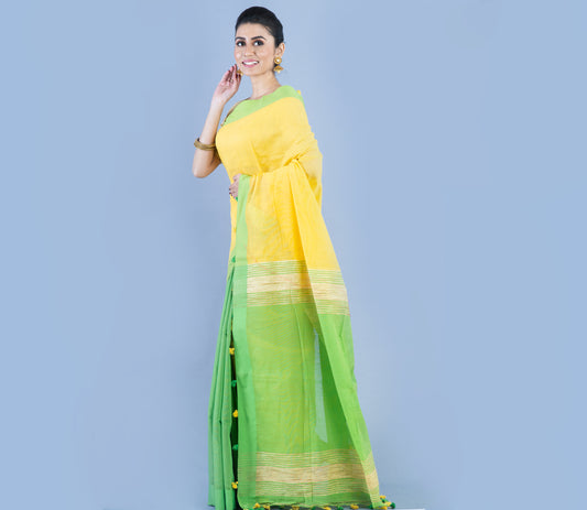 Handloom Patli Pallu Saree with Gheecha Design Anchal - Yellow & Green - ArtisanSoul
