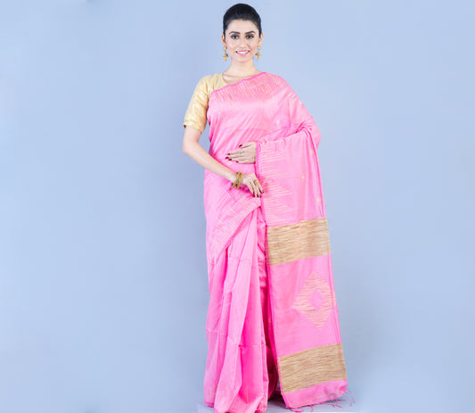 Handloom Saree With Gheecha Design Anchal - Pink - ArtisanSoul