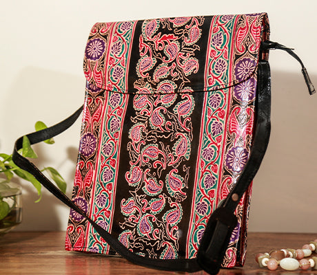Handcrafted Leather Office Bag - Designs on Black - ArtisanSoul
