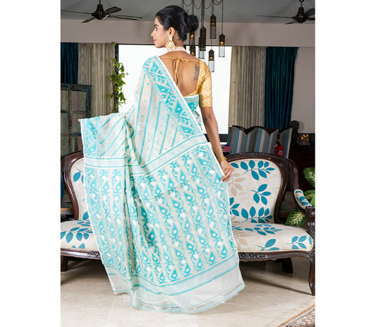 Handloom Jamdani Saree - Cyan Blue on White - ArtisanSoul