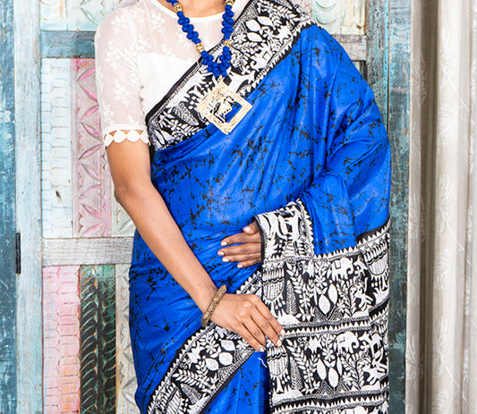 Kantha Stitch Work on Batik Printed Saree - Blue and Black - ArtisanSoul