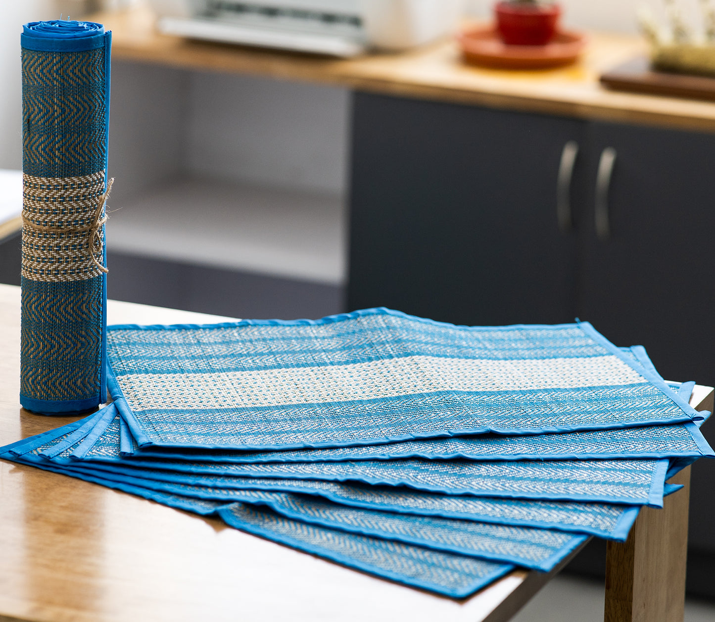 Madur Kathi Handcrafted Table Mat With Runner - Blue & White - ArtisanSoul