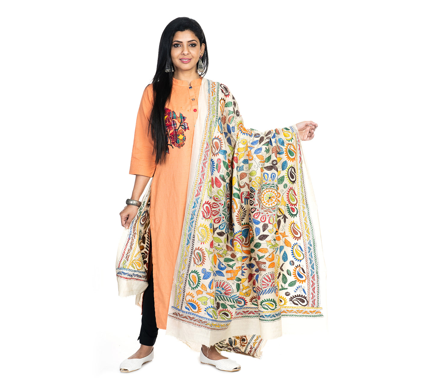 Kantha Stitched Dupatta on Tussar Base - Orange and Blue
