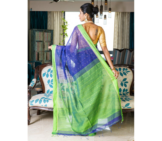 Handloom saree with All Over Chumki Work - Green and Navy Blue - ArtisanSoul