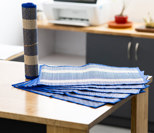 Madur Kathi Handcrafted Table Mat With Runner - White With Blue Border - ArtisanSoul
