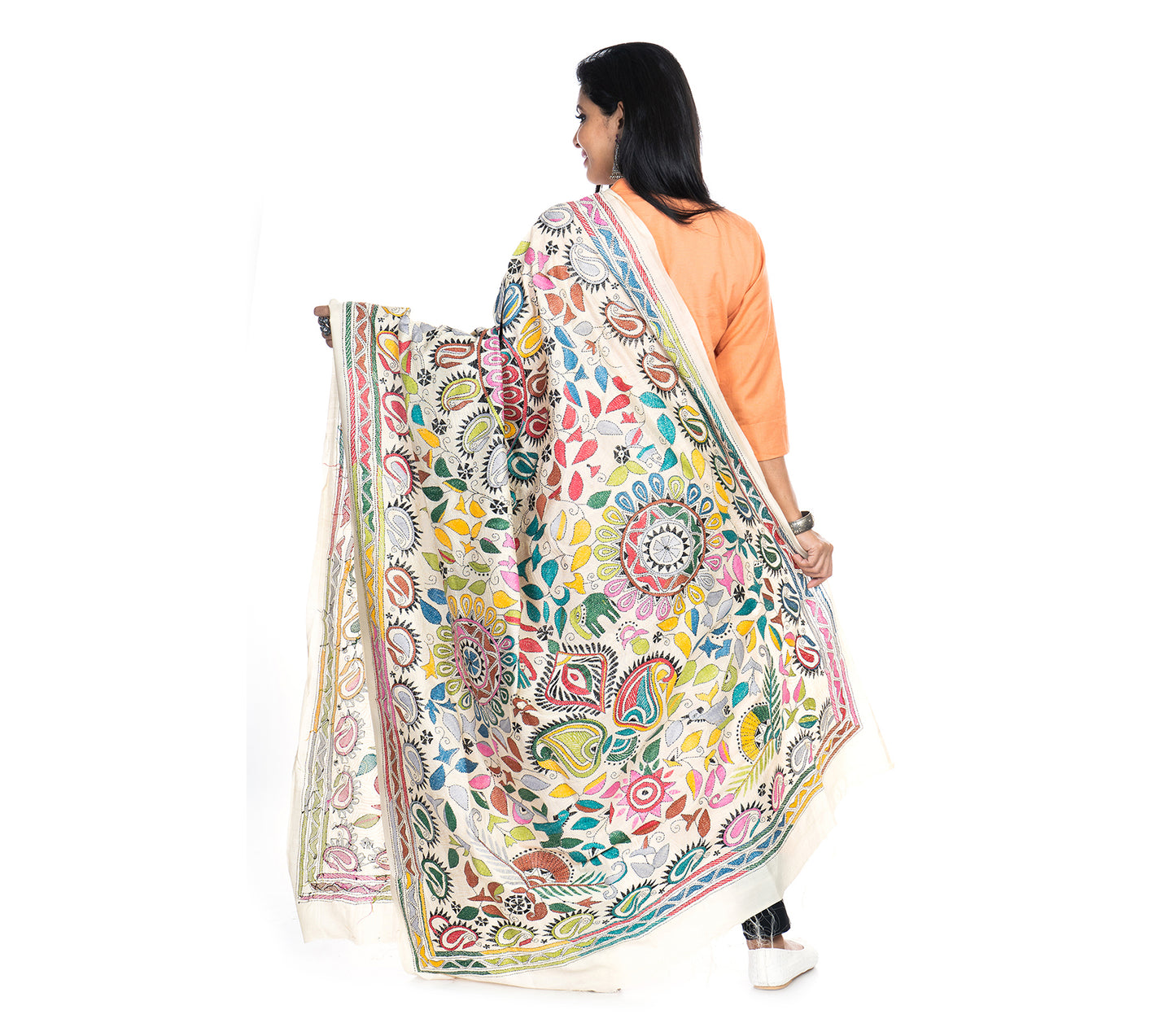 Kantha Stitched Dupatta on Tussar Base - Pink and Blue - ArtisanSoul