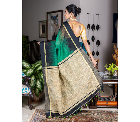Handloom Ikkat Saree with Gheecha Anchal - Green - ArtisanSoul